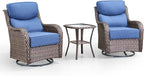 Swivel Patio Chairs Set of 3 with 6" Thick Cushion - Wicker Outdoor Swivel Rocker Patio Chairs with Side Table, High Back Comfortable Outdoor Glider Chairs - Brown Wicker Blue Cushion