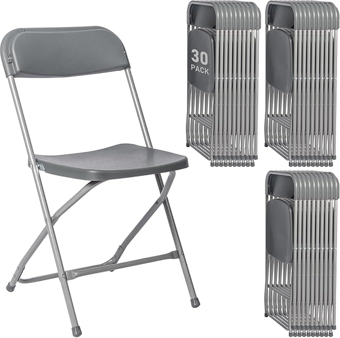 30 Pack Plastic Grey Folding Chairs,Portable Party Chairs Stackable Commercial Seats with Steel Frame for Office Home Outdoor Indoor Wedding Party Patio Dinning Events,350lbs Capacity