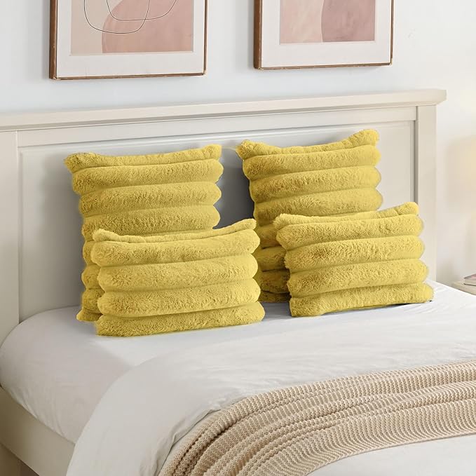FUTEI Mustard Yellow Decorative Throw Pillow Covers 24x24 Inch Set of 2, Square Soft Faux Rabbit Fur Big Striped Pillow Sham,Home Decor for Couch Sofa Bed Living Room