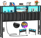 Aheaplus Headboard for Queen Size Bed with Storage, Upholstered Headboards with Outlets, USB Ports and LED Light, Reversible Queen Size Head Board, Height Adjustable, Comfortable Headboard, Black