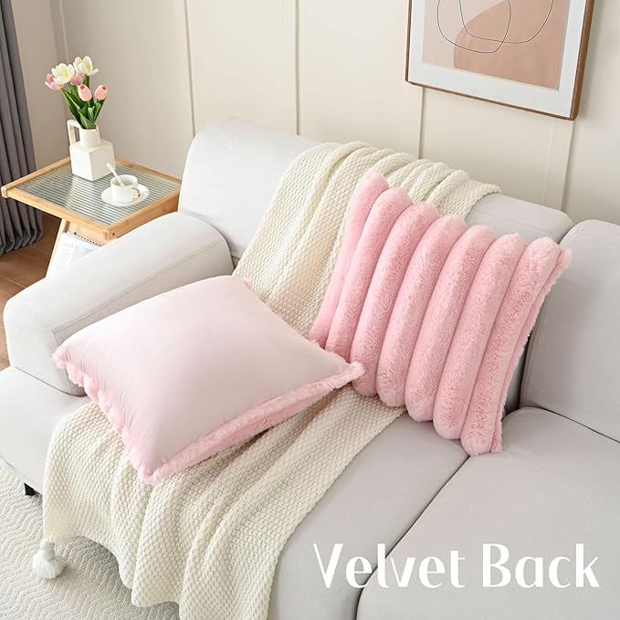 FUTEI Pink Decorative Throw Pillow Covers 26x26 Inch Set of 2, Square Soft Faux Rabbit Fur Thick Striped Euro Pillow Shams,Winter Home Decor for Couch Bed Living Room