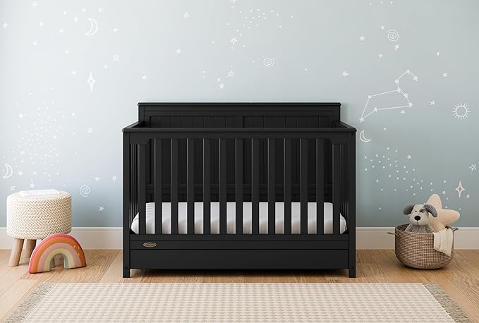 Graco Hadley 5-in-1 Convertible Crib with Drawer (Black) – Combo, Includes Full-Size Nursery Storage, Converts from Baby Crib to Toddler Bed, Daybed