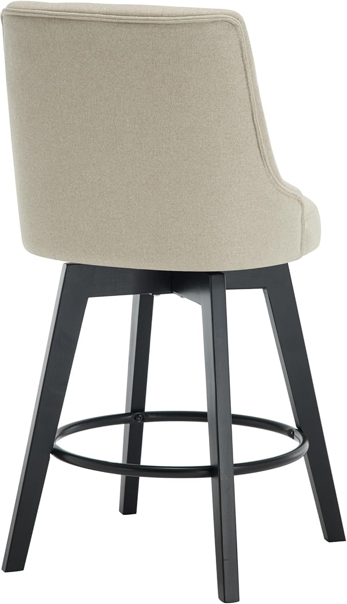 MINCETA Set of 2 Upholstered Bar Stools - 26 Inch Swivel Counter Height Stools with Low Tufted Back, Footrest & Performance Fabric - Khaki Round Seat for Kitchen Island & Home Bar