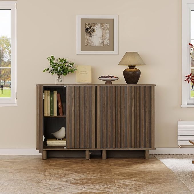 LukeAlon Fluted Sideboard Cabinet with Storage, Mid-Century Modern Accent Buffet Cabinet, 31.5" Height Wooden Small Credenza Cabinets for Living Room Dining Room Entryway Hallway, Walnut Color