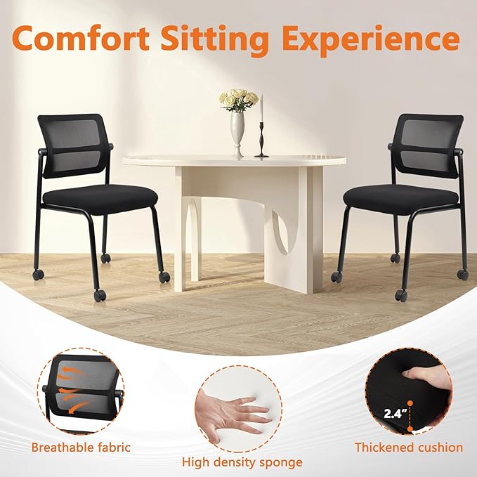 CLATINA Stacking Armless Office Guest Chair with Wheels, Stackable Mesh Waiting Room Reception Desk Chairs with Adjustable Backrest for Conference Lobby Side School, Black, 8PK