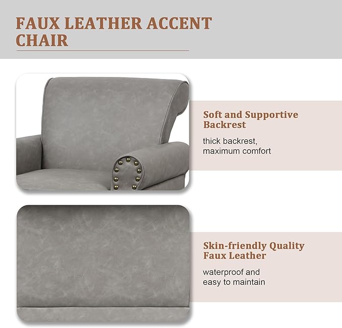 Accent Chair, Mid Century Modern Faux Leather Arm Chair with Wood Leg for Living Room, Bedroom, Comfy PU Leather Club Reading Chairs with Wingback & Nailhead Trim (Leather Grey, Set of 1)