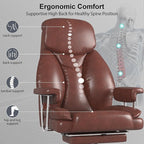 Big and Tall Office Chair, Executive Home Office Desk Chair, Comfy Leather High-Back Reclining Computer Chair with Retractable Footrest and Padded Arms, 360°Swivel Rolling Wheels, Wide Seat, Brown
