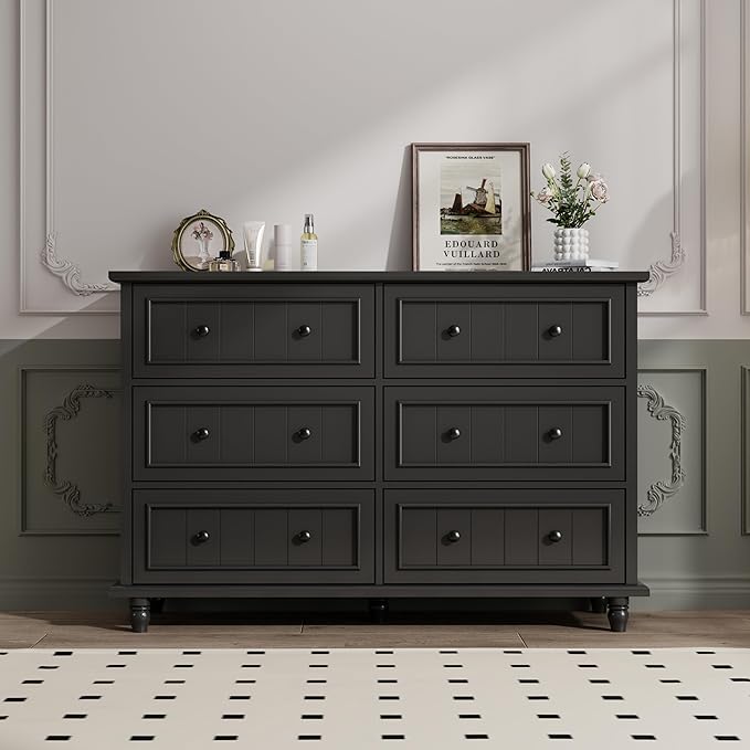 Scurrty Antique 6 Drawer Dresser, Modern Chest of Drawers, Large Cabinet with Storage, Big Dresser for Clothes in Living Room, Bedroom (Black)