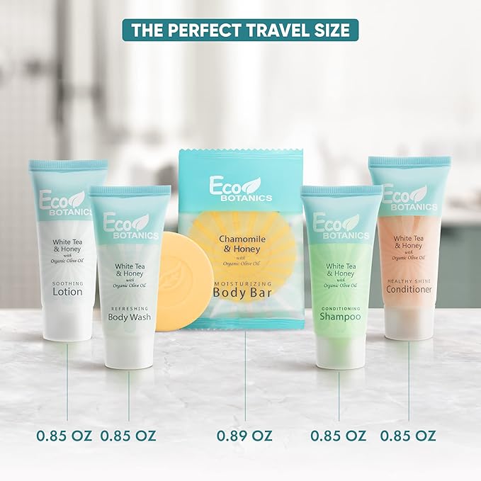 Terra Pure Eco Botanics Hotel Soaps & Toiletries Bulk Set | 0.85oz Hotel Shampoo & Conditioner, Body Wash, Body Lotion & Bar Soap Travel Size | 300 Pieces