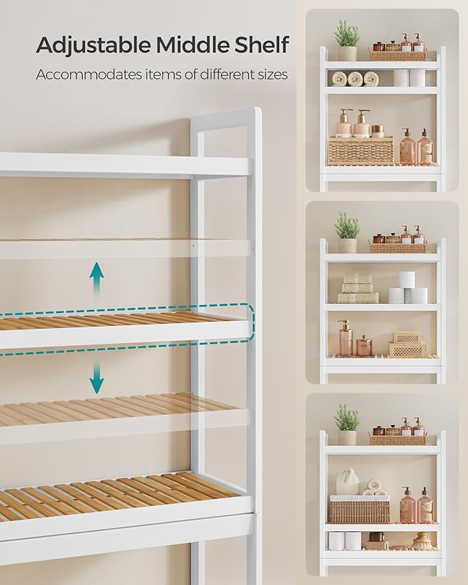 SONGMICS Over The Toilet Storage, 3-Tier Over Toilet Bathroom Organizer with Adjustable Shelf, 10.2 x 24.8 x 66.9 Inches, Space-Saving, Cloud White and Natural Beige UBTS001W02