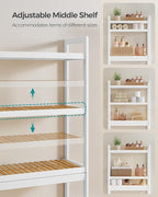 SONGMICS Over The Toilet Storage, 3-Tier Over Toilet Bathroom Organizer with Adjustable Shelf, 10.2 x 24.8 x 66.9 Inches, Space-Saving, Cloud White and Natural Beige UBTS001W02