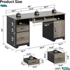 Bestier 59” Executive Desk with 2 Drawers, Computer Desk with Storage Cabinet, Industrial Wood Desk with File Drawer, Keyboard Tray & 2 Pedestals for Home Office & Studio, Gray