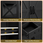 SUPER DEAL Farmhouse Storage Cabinet, Bathroom Floor Cabinet Kitchen Pantry with Doors and Drawers, Hutch Cupboard for Living Room, Bedroom, Laundry, Black