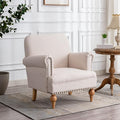 Linen Accent Chair Mid-Century Modern Living Room Armchair with Nailhead Trim & Wood Legs Comfy Upholstered Single Sofa Chair for Lounge/Bedroom/Reception, Cream