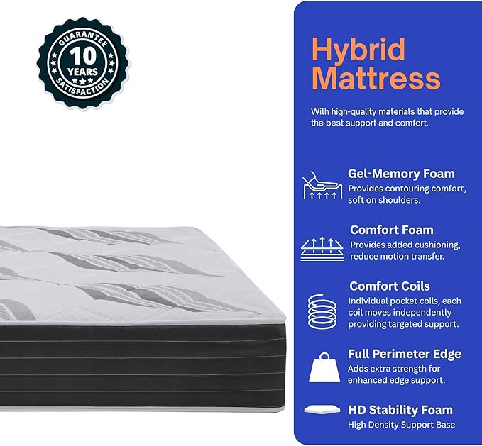 Roam 2.0 RV 12" Hybrid Mattress with Gel Memory Foam, RV King 72x80 Mattress, Luxury Medium Feel Made in USA