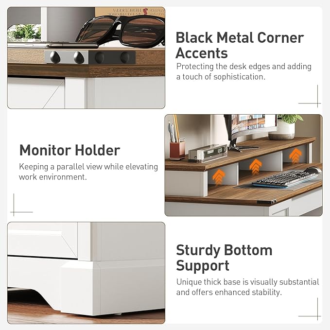 55'' Farmhouse Executive Desk with Drawers, Computer Desk with File Cabinet and Side Bookshelf, Writing Gaming Desk with Monitor Stand & Charging Station, White and Walnut