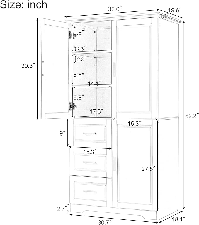 P PURLOVE Bathroom Storage Cabinet with 3 Drawers,Tall and Wide Bathroom Cabinet Standing,Wood Freestanding Tall Bathroom Cabinet for Kitchen,Living Room