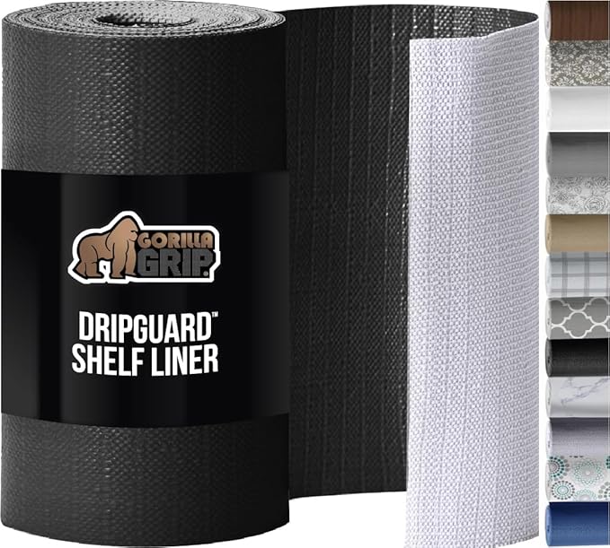 GORILLA GRIP DripGuard Shelf Liner, Non Adhesive Drawer and Kitchen Cabinet Protector, 20x240 Inch, Slip Resistant BPA Free Smooth Surface Plastic Liners for Cabinets, Bathrooms, Closets, Black