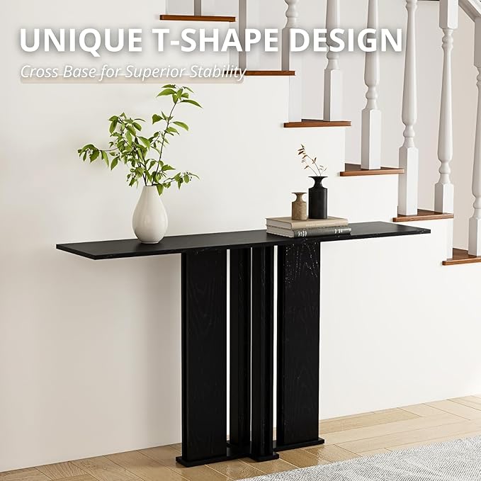 HEAH-YO 51" Console Table, Rustic Wood Entryway Table, T-Shape Narrow Sofa Tables Behind Couch for Hallway, Entrance, Foyer, Living Room, Black