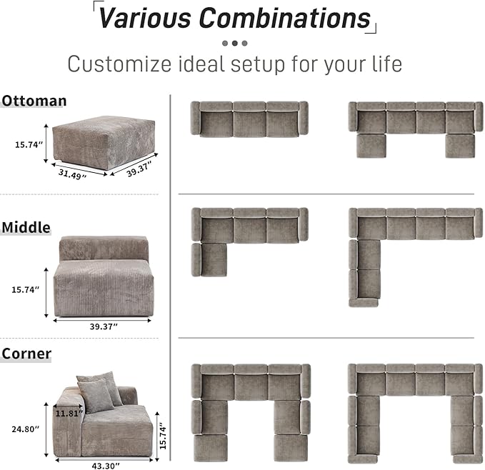 WJShome Cloud Couch Modular Sectional Sofa,102inch Corduroy Couch 2 Seater LoveSofa,Brown Convertible Sectional Sofa for Living Room, Cushion Covers Removable& Washable