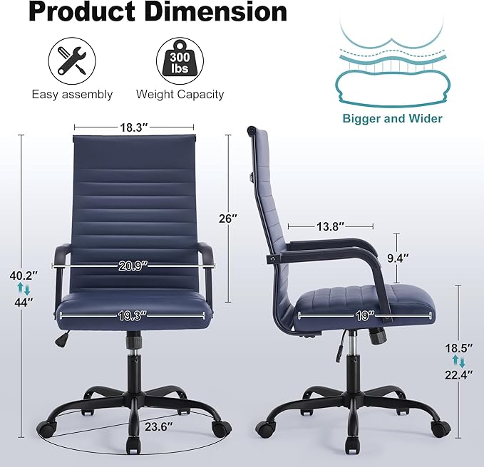 Office Desk Chair, Ergonomic Conference Room Chairs, PU Leather Executive Ribbed Computer Chair, Swivel Rolling Chair for Home Office