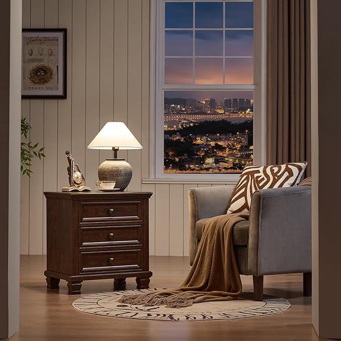 Farmhouse Nightstand Set of 2, Rustic Couch End Table with 3 Drawers & 4 Square Solid Wood Legs, Vintage Bed Side Table with Storage, Small Dresser for Bedroom, Living Room, Walnut