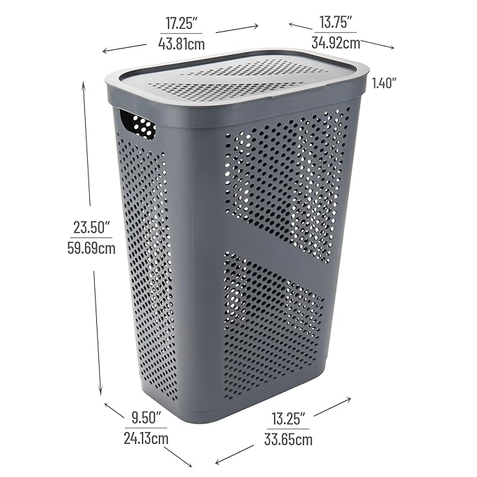 Mind Reader 60L Slim Laundry Hamper, Clothes Basket, Lid, Ventilated, Plastic, Set of 2, Gray