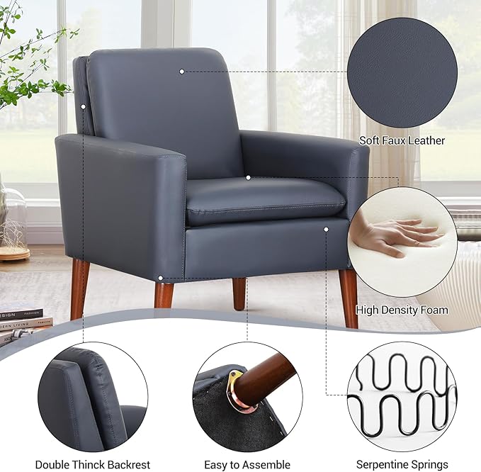 Lohoms Faux Leather Accent Chair for Living Room, Mid-Century Modern Comfy Reading Leisure Chairs for Bedroom, Upholstered Armchair for Apartment/Office/Waiting Room, Wood Legs, Dark Blue