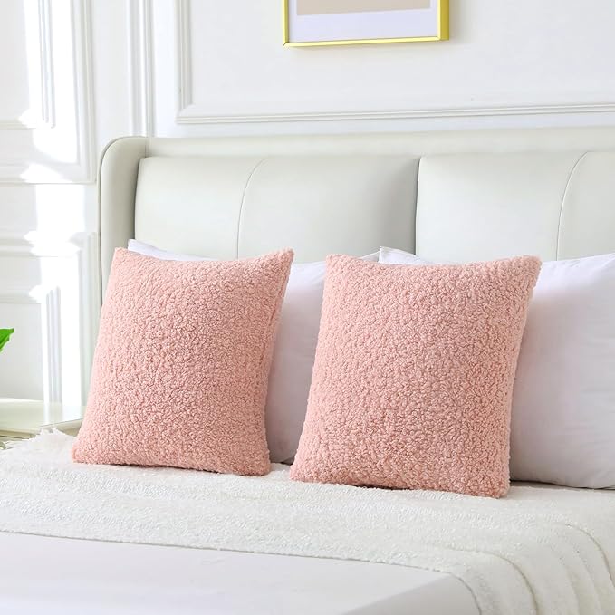 FUTEI Pink Throw Pillow Covers 16x16 Inch Set of 2,Furry Faux Fur Teddy Boucle Textured Cushion Covers,Soft Fluffy Decorative Pillow Case,Home Decor for Couch Bed Living Room Office Car