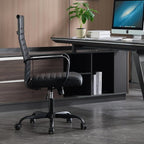 Conference Room Chairs, Ergonomic Executive Office Chair, Ribbed Leather Desk Chair with Lumbar Support, Adjustable Height Mid-Back Swivel Chair with Padded Seat