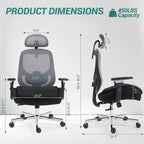 450 LBS Big and Tall Office Chair, Heavy Duty Executive Chair w/4D Arms, Ergonomic Computer Home Desk Chair, Swivel Mesh Chair w/2D Lumbar Support, Adjustable Headrest, Tilt Lock-Black and Grey