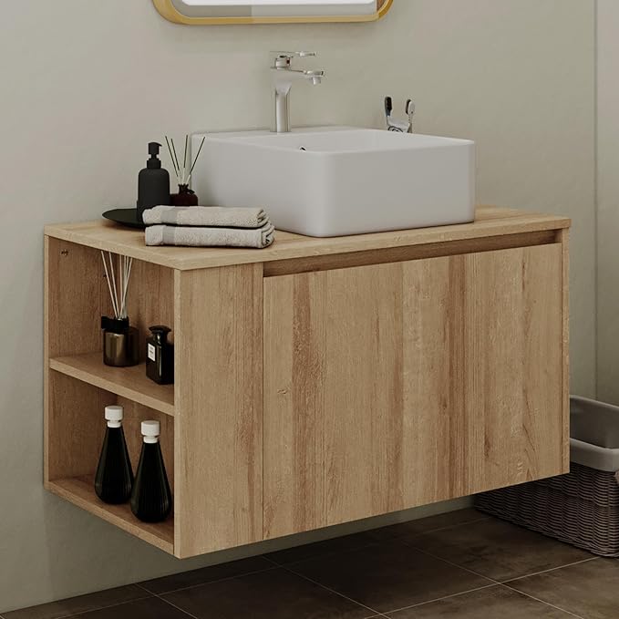 Bathroom Vanity, Natural Color Wall-Mounted Bathroom Vanity with Hidden Drawer (Nature with Sink, 36")