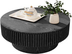 31.5'' Round Coffee Table for Living Room, Fluted Coffee Table with Hidden Storage, Solid Wood Veneered Circle Table, Modern Tea Table for Small Space Apartment (Black)