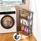 Slim Storage Cart 4 Tier Narrow Kitchen Rolling Cart on Wheels for Small Space, Mobile Utility Cart Shelving Unit with Wooden Top and Metal Handle for Kitchen, Bathroom, Laundry Room