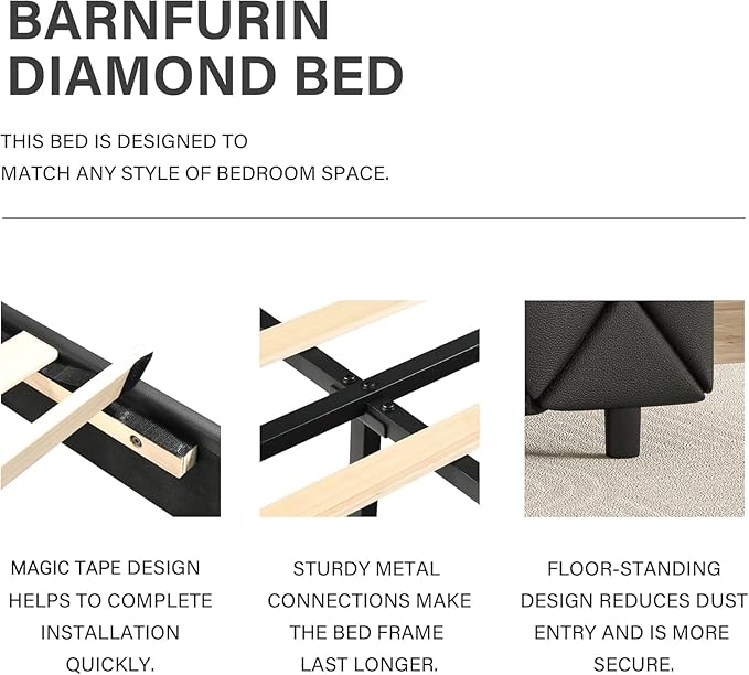 BarnFurin King Size Bed Frame and Headboard, Faux Leather Upholstered Bed with Diamond Tufted Design, Modern Platform Bed Frame with Wooden Slats Support, No Box Spring Required, Easy Assembly, Black