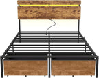 Forestell Queen Bed Frame with Wood Headboard, Metal Platform Bed with 2 Storage Drawers & Shelf, Built-in Charging Station & LED Lights, No Box Spring Needed, Vintage Brown, Cama Queen Size
