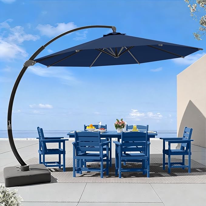 7 Piece Patio Dining Set with 11ft Patio Umbrella (Navy), 7 Navy Outdoor HDPE Dining Set with 6 Chairs + 1 Large Table with 2" Umbrella Hole, for Market, Pool, Garden, Backyard, Deck