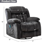 CANMOV Massage Swivel Rocker Recliner Chair with Heat and Vibration,360 Degree Manual Swivel Rocking Recliners with Side Pocket, Comfy Fabric Single Sofa Reclining Chair for Living Room, Grey