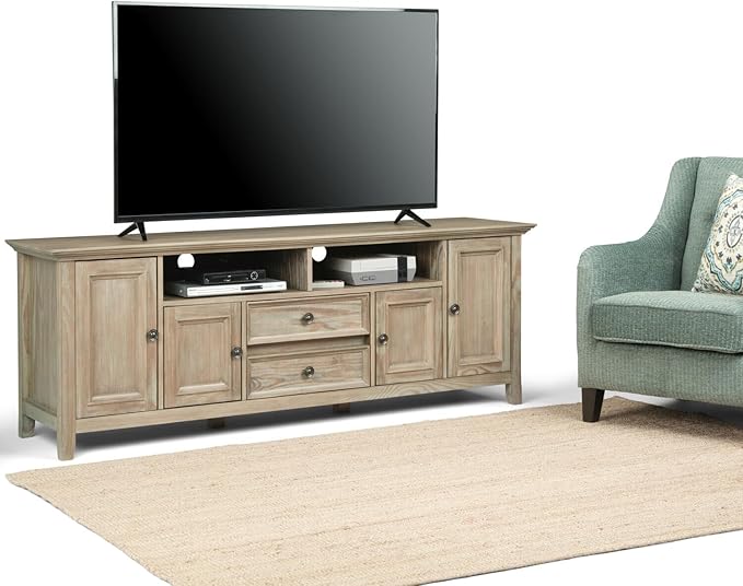 SIMPLIHOME Amherst 54-inch Wide Solid Wood TV Stand in Antique White, Transitional-Style Media Console for Living Room with Adjustable Shelves and Cable Management
