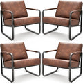PrimeZone Mid-Century Modern Accent Chair Set of 4 - Comfy Faux Leather Living Room Chair, Lounge Armchair with Extra Soft Padded & Cushion, Ergonomic Accent Chair for Bedroom, Office, Brown