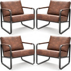 PrimeZone Mid-Century Modern Accent Chair Set of 4 - Comfy Faux Leather Living Room Chair, Lounge Armchair with Extra Soft Padded & Cushion, Ergonomic Accent Chair for Bedroom, Office, Brown