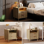 Fluted Nightstand with Charging Station, 2 Drawers Storage Bedside Table, Solid Wood Modern Nightstand with Open Shelf, Curved Profile Design, End Table for Indoor Room Bedroom Office, Oak