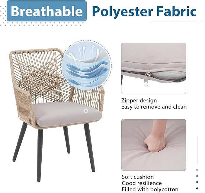 JOIVI Outdoor Dining Chairs Set of 2, 2 Pieces Woven Rope Patio Chairs with Armrest and Seat Cushions for Outside Porch, Balcony or Indoor Kitchen, Restaurant, Tan