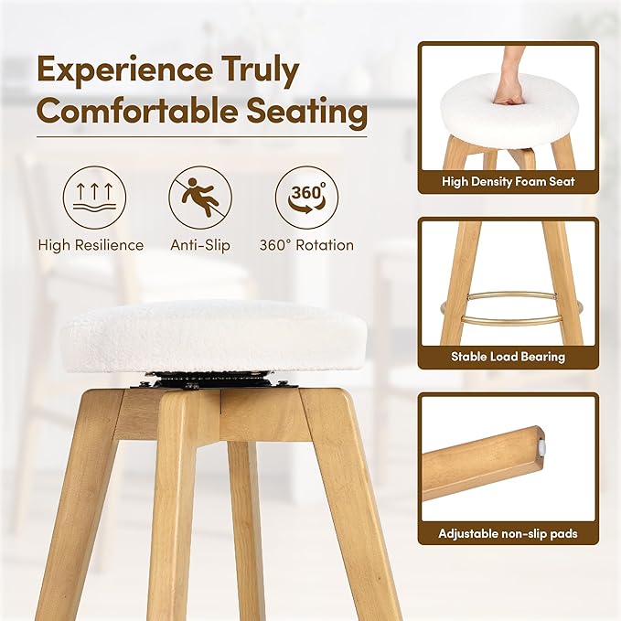Swivel Premium Solid Wood Counter Stool 25", 360° Rotating Upholstered Cushion, Backless Bar Chair for Island, Pub, Kitchen, Dining Room (Light Oak)