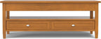SIMPLIHOME Warm Shaker Lift Top Coffee Table - 48 inch Wide Solid Wood Cocktail Table in Light Golden Brown, Transitional Living Room Table with Hidden Storage, 2 Drawers, and Open Shelf