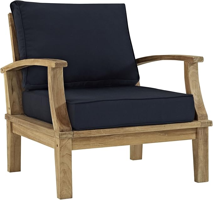 Modway Marina Premium Grade A Teak Wood 5-Piece Outdoor Patio Furniture Set in Natural Navy