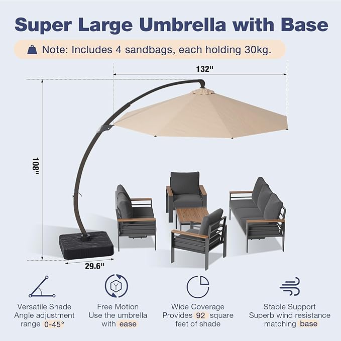 Aoxun Aluminum Patio Furniture Set with Umbrella 7 Seats, Oversized Outdoor Sectional with Washable Thick Cushions, Coffee Table and Waterproof Cover, Patio Conversation Sets for Porch, Balcony, Deck