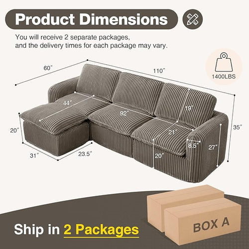 110'' Boneless Modular Cloud Couch for Living Room, Comfy Cloud Modular Sectional Couch with Ottoman, Convertible L Shaped Couches for Apartment, Dorm, No Assembly Required, Camel Corduroy