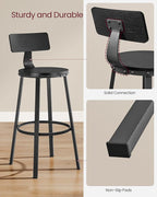 VASAGLE Bar Stools Set of 2, Bar Height Stools, 28.9 Inches Counter Barstools Chairs with Back for Dining Kitchen Island, Steel Frame, Industrial Style, Easy Assembly, Ebony Black