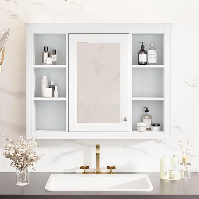 Bathroom Wall Cabinet with Mirror, 35'' x 27.5'' Medicine Cabinet with Mirror Door and Adjustable Shelves, Over Toilet Storage Cabinet, Wall-Mounted Bathroom Mirrors for Over Sink with Storage